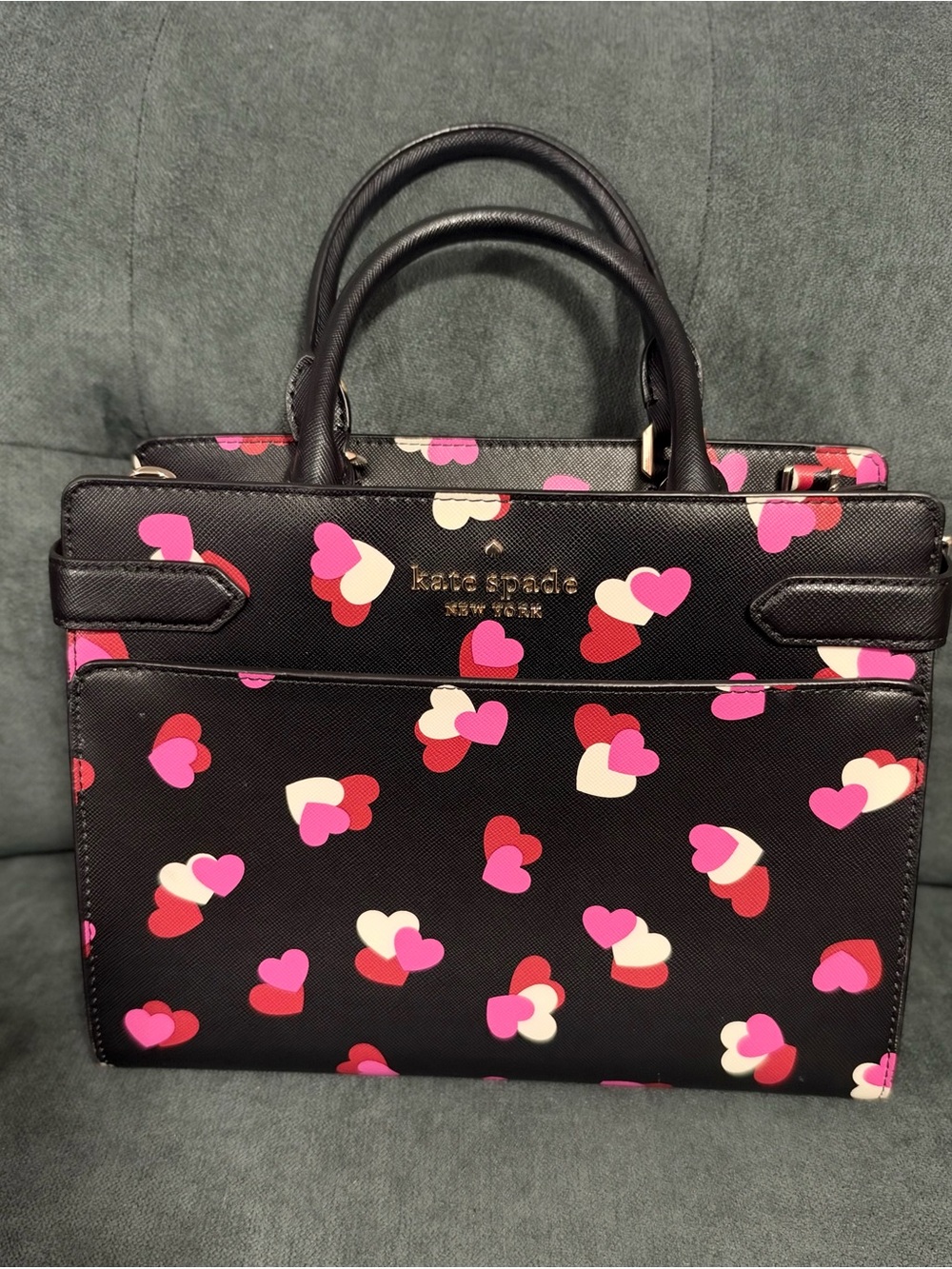 Kate Spade Staci Medium Top Zip Satchel Crossbody Flutter Heart Black Pink.